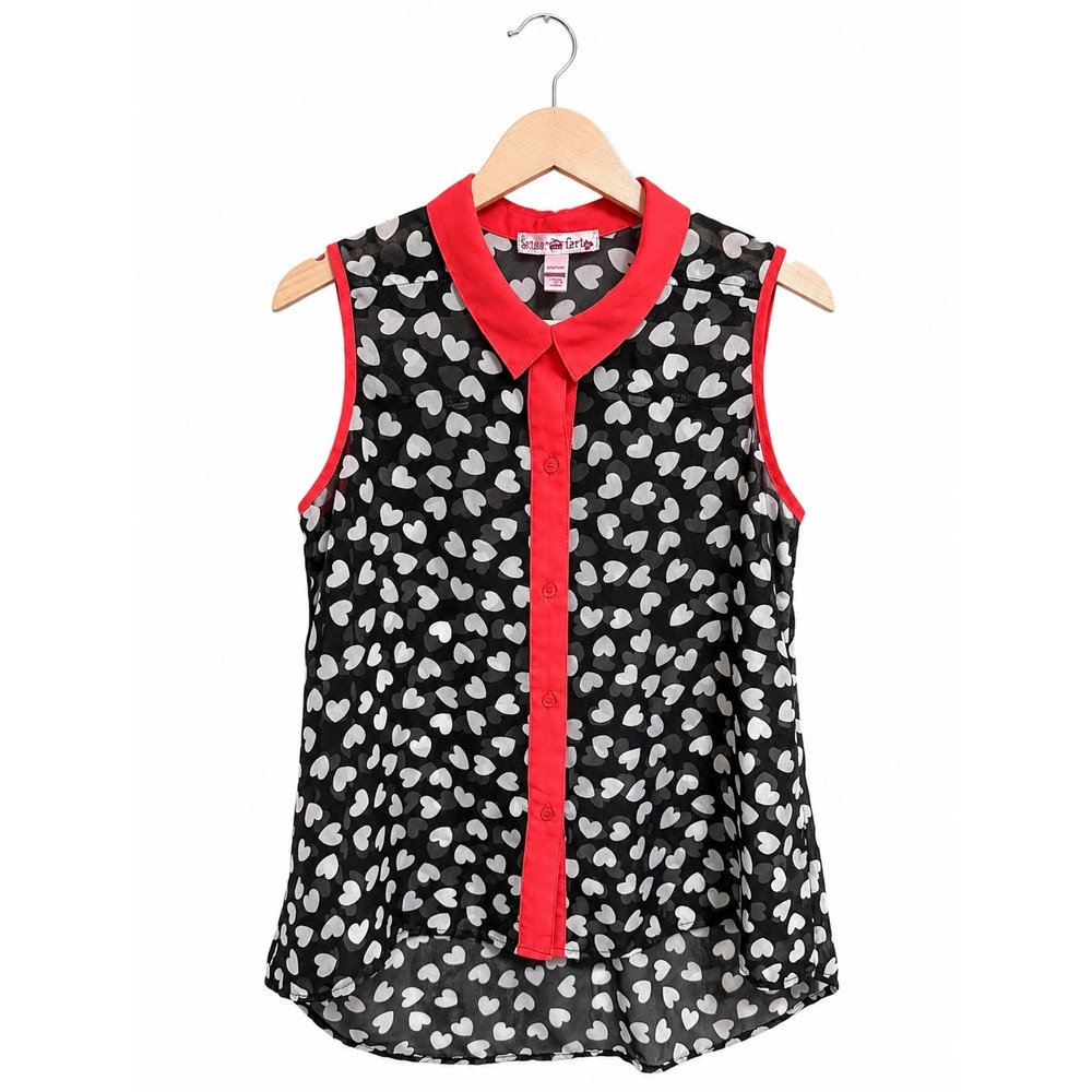Sugar Tart Black White Heart Print Sleeveless Button Down Chiffon Blouse M 10/12